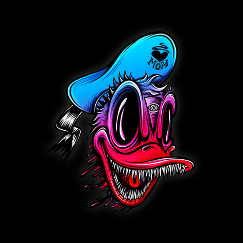 crazy wild neon gradient donald duck teeth horror scary tshirt tee pop culture parody disney