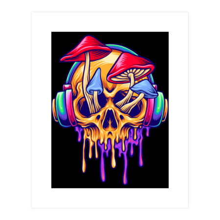Dripping mushrooms skull listening music